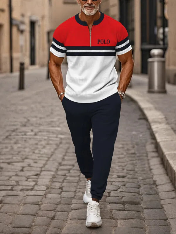 Zipper Short Sleeve Long Pants Two-Piece Set - DUVAL