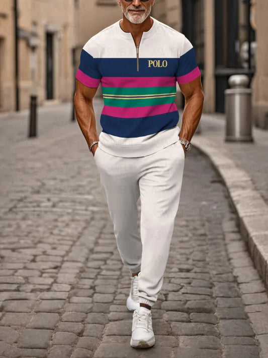 Zipper Short Sleeve Long Pants Two-Piece Set