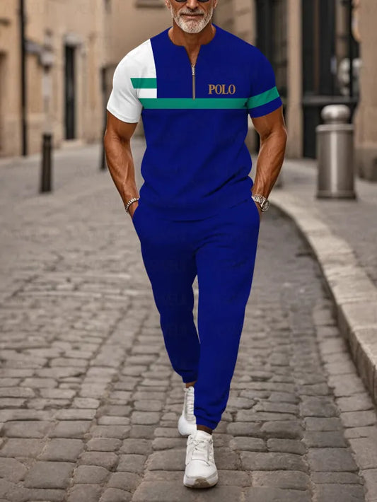 Zipper Short Sleeve Long Pants Two-Piece Set