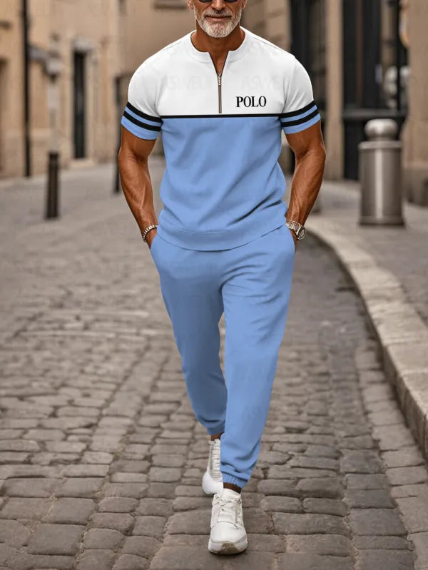 Zipper Short Sleeve Long Pants Two-Piece Set - DUVAL