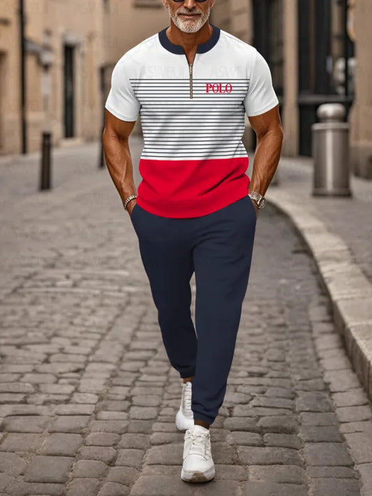 Zipper Short Sleeve Long Pants Two-Piece Set