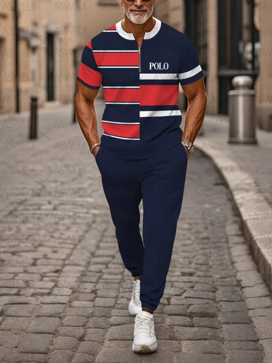 Zipper Short Sleeve Long Pants Two-Piece Set