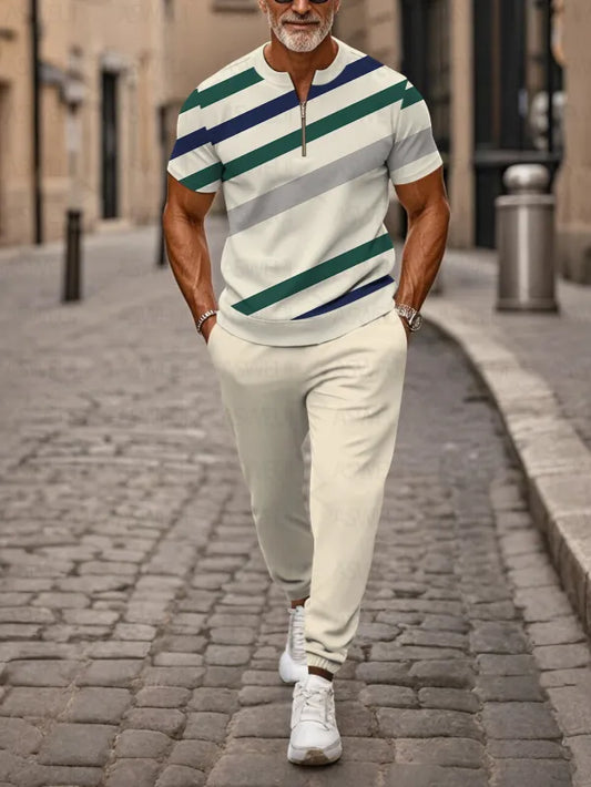 Zipper Short Sleeve Long Pants Two-Piece Set