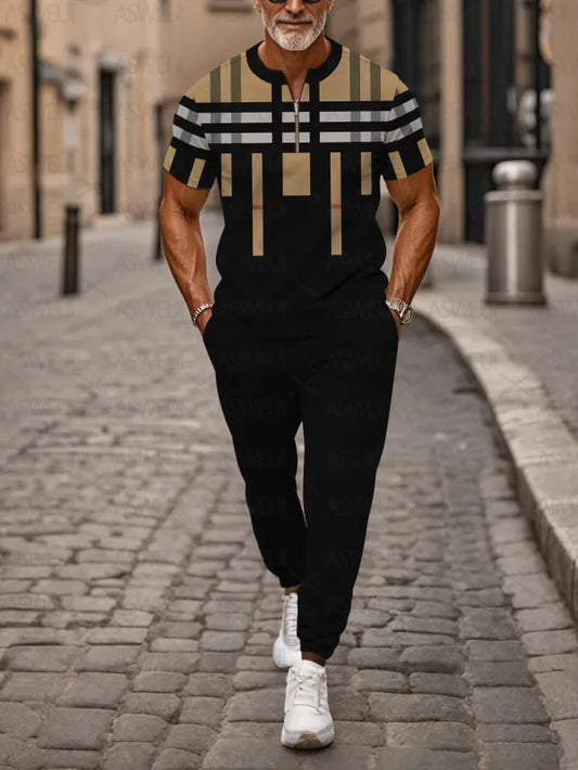 Zipper Short Sleeve Long Pants Two-Piece Set