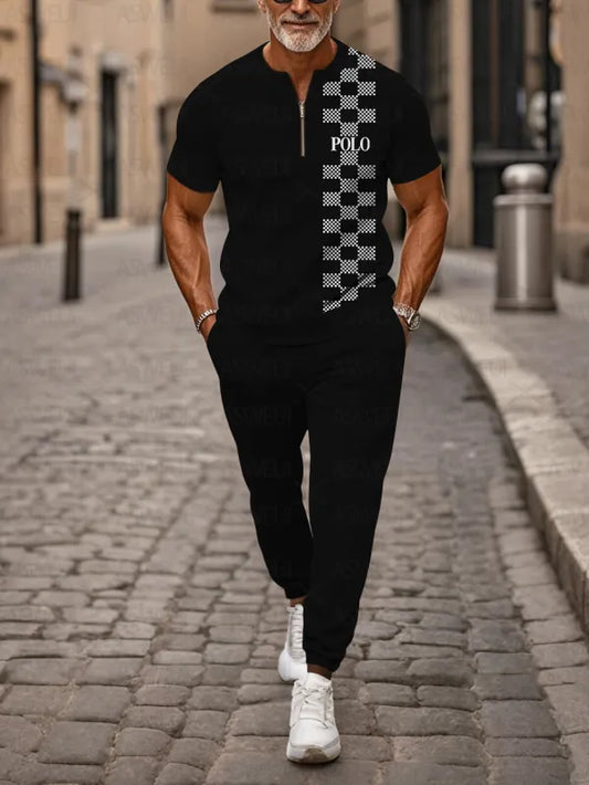 Zipper Short Sleeve Long Pants Two-Piece Set