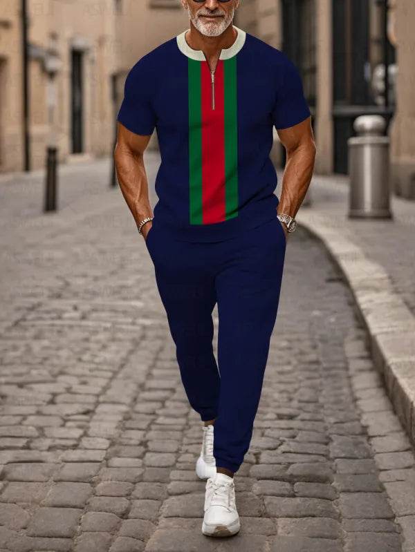 Zipper Short Sleeve Long Pants Two-Piece Set