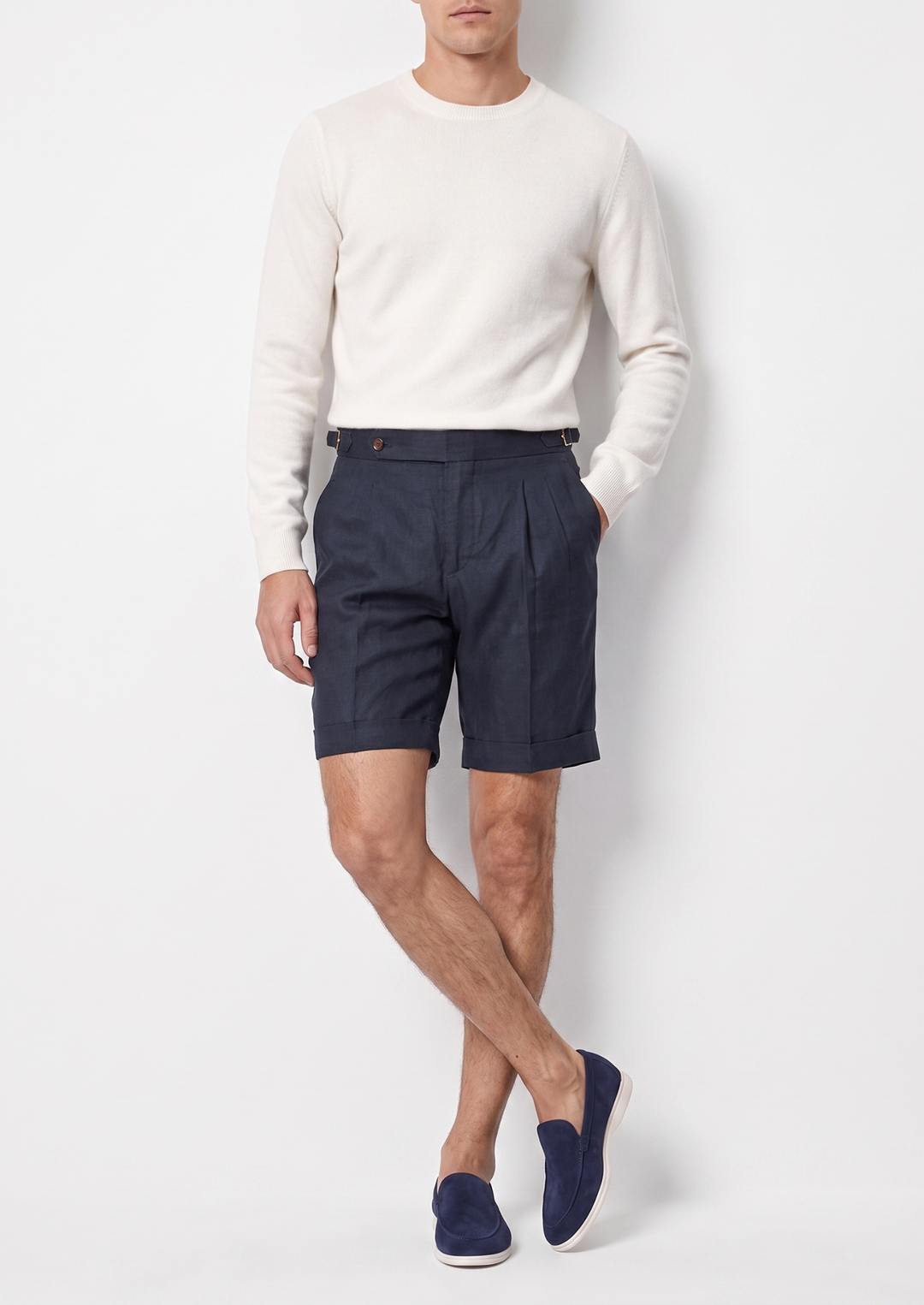 Navy Blue Pleated Linen Seaside Shorts