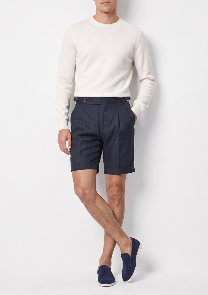 Navy Blue Pleated Linen Seaside Shorts