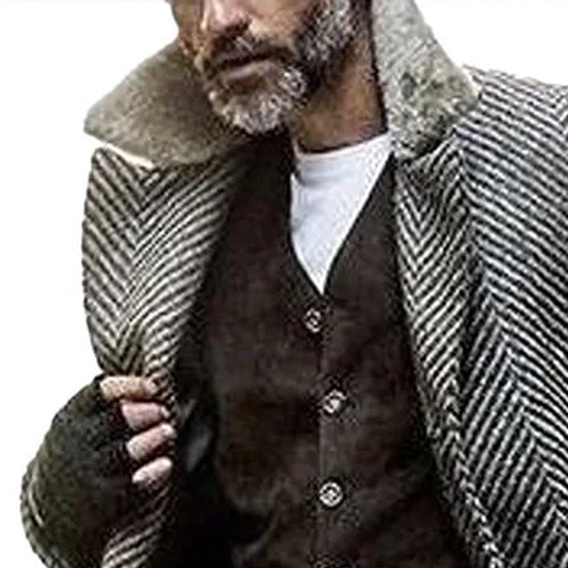 Men's Vintage Herringbone Fabric Spliced Fur Collar Coat