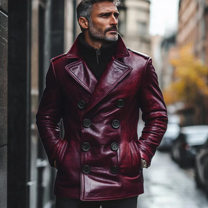 Vintage Notch Lapel Double Breasted Slim Fit Leather Coat - DUVAL