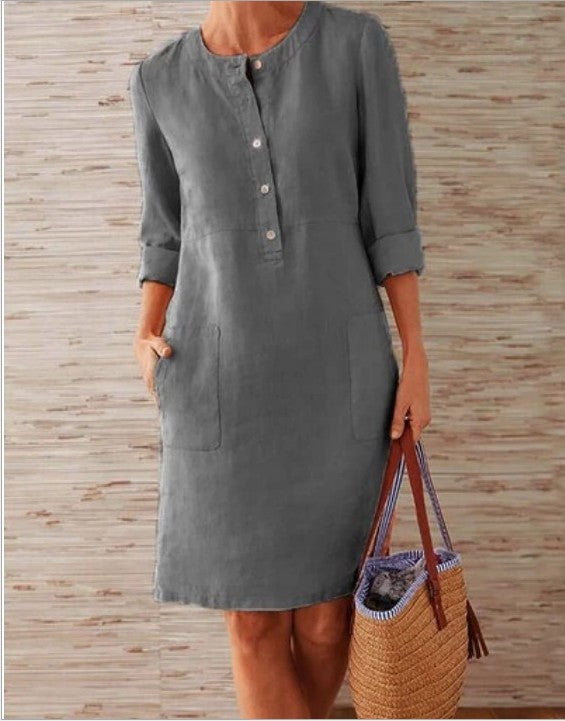 Plus Size Ladies Cotton Linen Round Neck Long Sleeve Dress