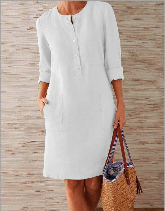 Plus Size Ladies Cotton Linen Round Neck Long Sleeve Dress