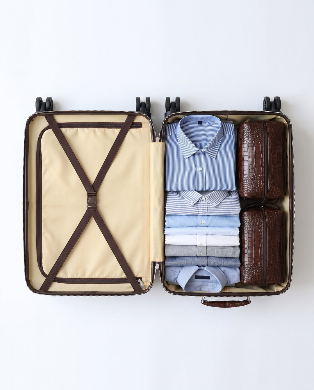 The Zermatt 58 crocodile trolley case in coffee brown, interior