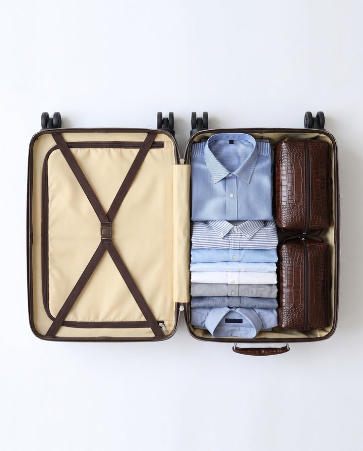 The Zermatt 58 crocodile trolley case in coffee brown, interior