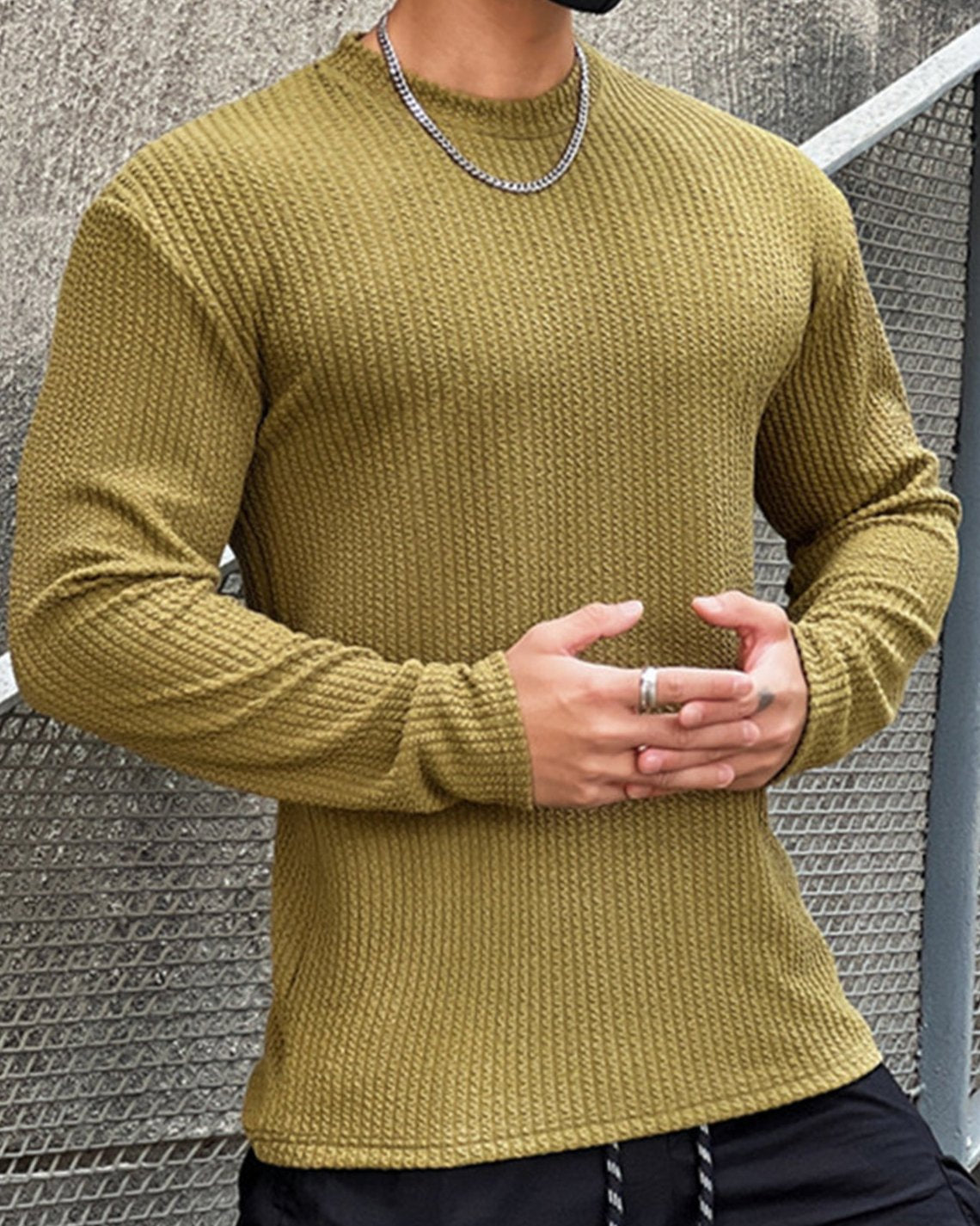 Texture Grid Crewneck Pullover Long Sleeve Shirt