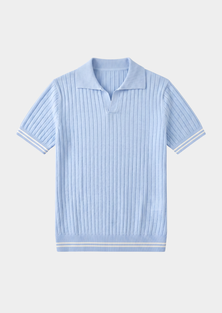 Pierre Light Blue Ribbed Buttonless Polo