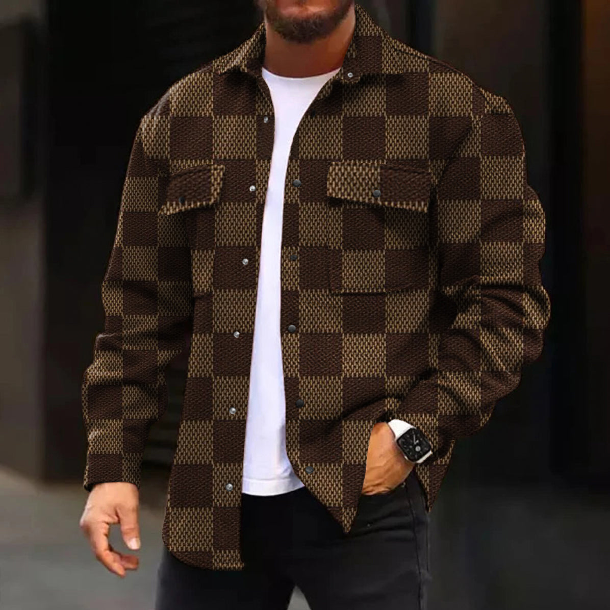 Men's Casual Jacket Fashion Brown Plaid Printed Long Sleeve Pocket Jacket