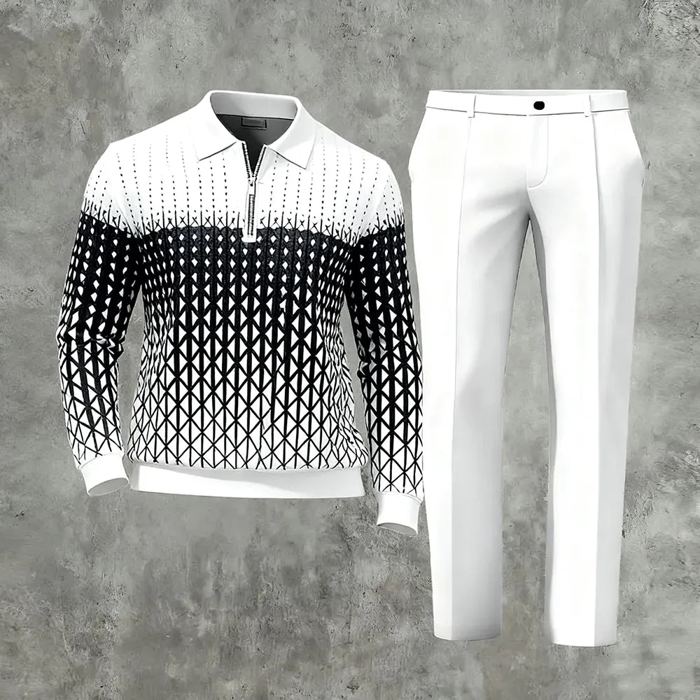 Polo-Collar Zipper Long Sleeved Trousers Two-Piece Set - DUVAL