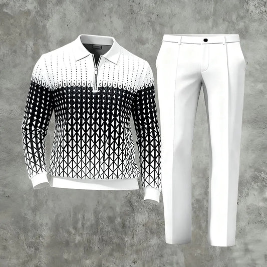 Polo-Collar Zipper Long Sleeved Trousers Two-Piece Set - DUVAL