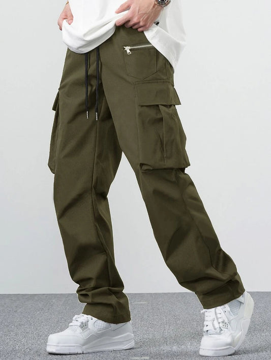 EMRG Men Flap Pocket Side Drawstring Waist Cargo Pants