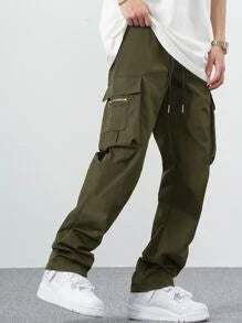 EMRG Men Flap Pocket Side Drawstring Waist Cargo Pants