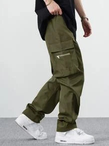 EMRG Men Flap Pocket Side Drawstring Waist Cargo Pants