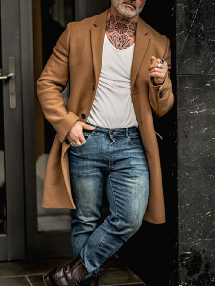 Solid Color  Lapel Mid Length Woolen Coat - DUVAL