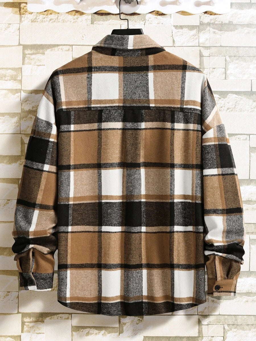 Homme Men Plaid Flap Detail Drop Shoulder Overcoat Without Tee