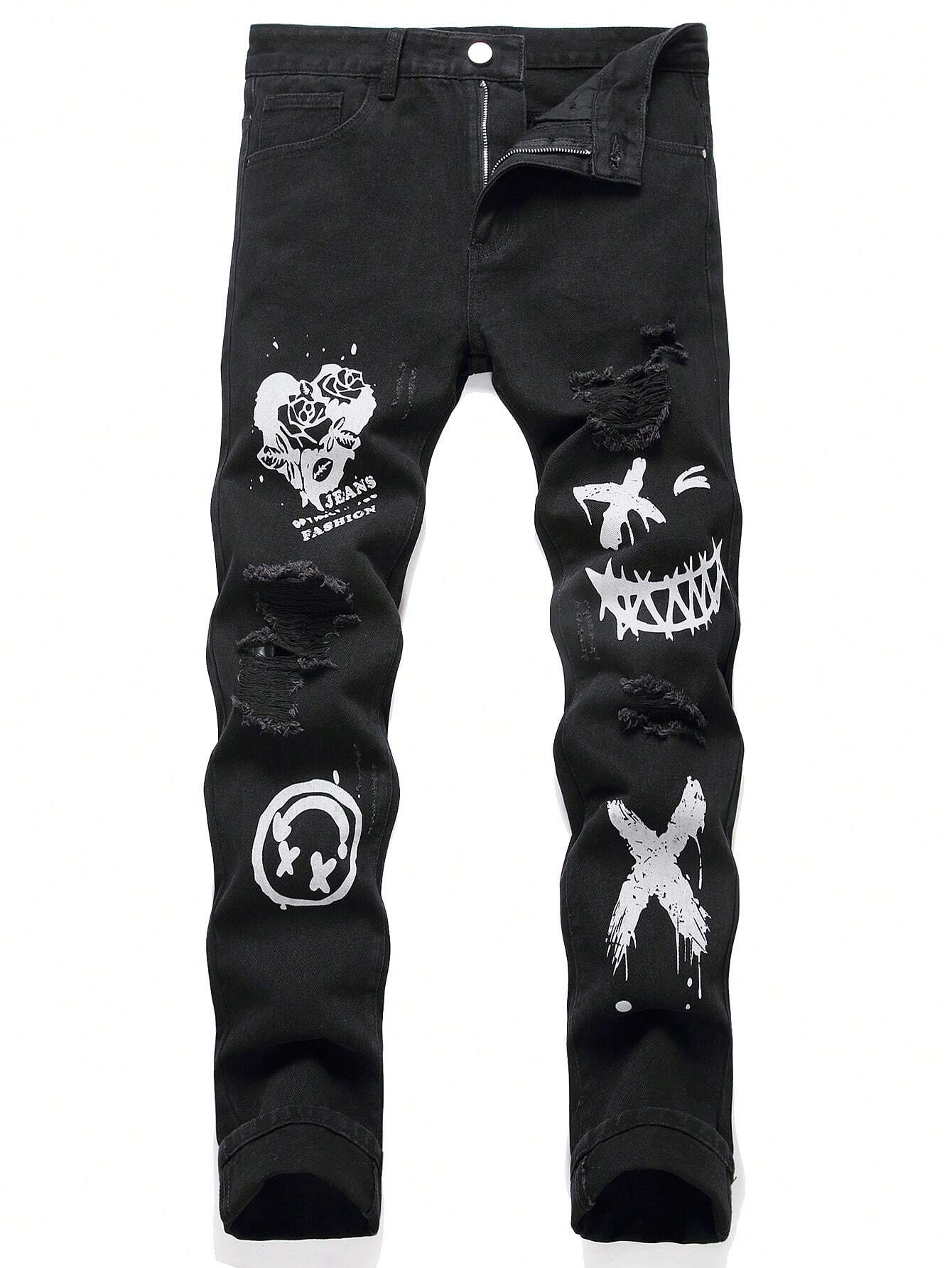 Valentine's Day Men Cotton Floral & Cartoon Graphic Ripped Frayed Jeans