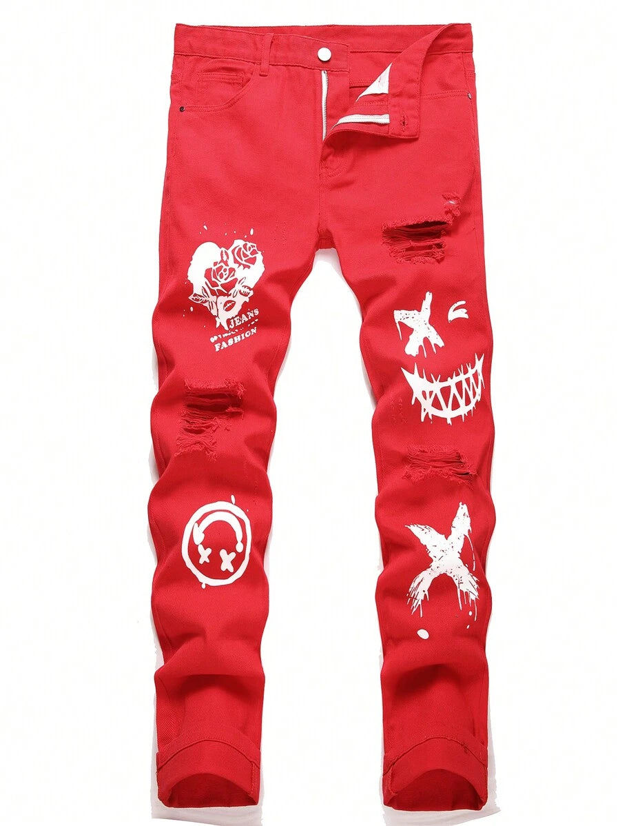 Valentine's Day Men Cotton Floral & Cartoon Graphic Ripped Frayed Jeans