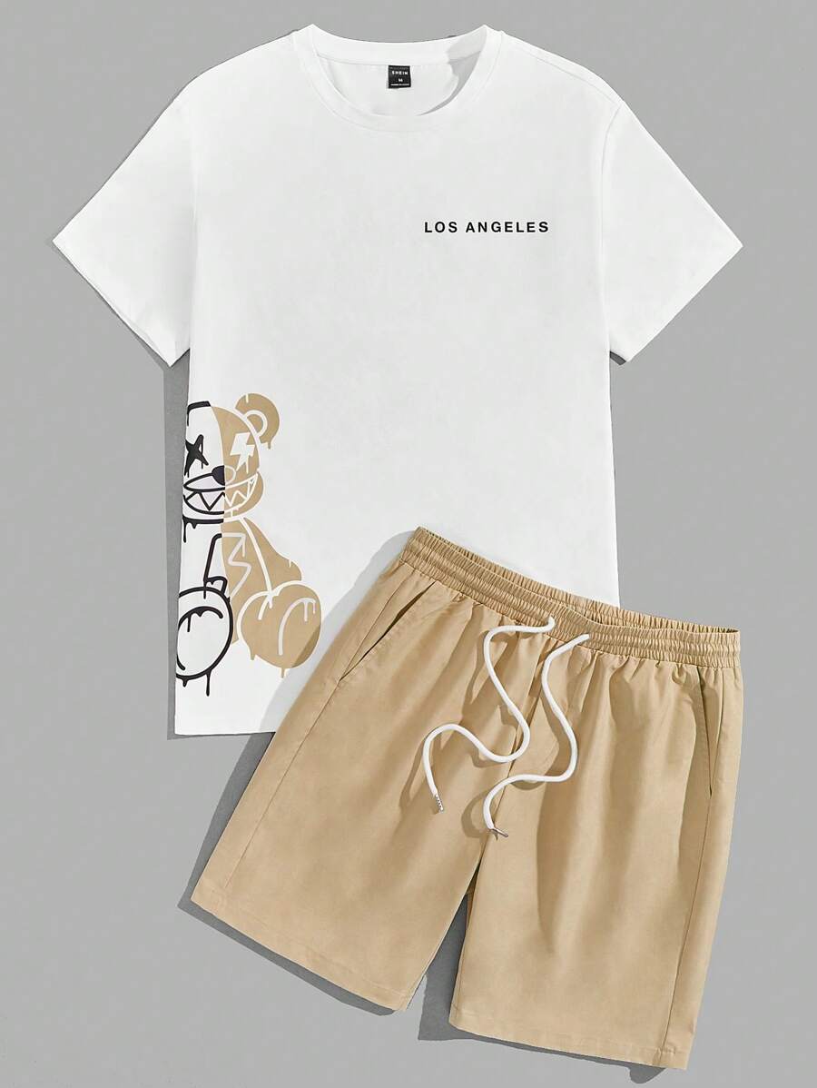 EMRG Men Bear & Letter Graphic Tee & Drawstring Waist Shorts