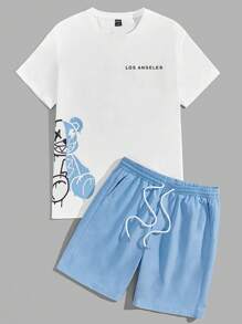 EMRG Men Bear & Letter Graphic Tee & Drawstring Waist Shorts