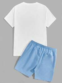 EMRG Men Bear & Letter Graphic Tee & Drawstring Waist Shorts