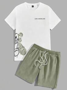 EMRG Men Bear & Letter Graphic Tee & Drawstring Waist Shorts