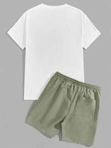 EMRG Men Bear & Letter Graphic Tee & Drawstring Waist Shorts