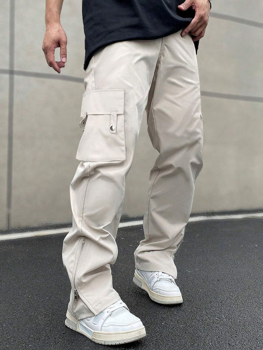 Homme Men Flap Pocket Side Zipper Cargo Pants