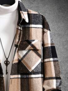 Homme Men Plaid Print Flap Pocket Drop Shoulder Jacket