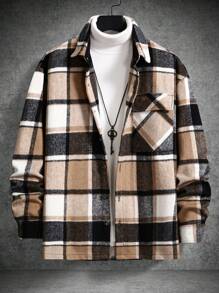 Homme Men Plaid Print Flap Pocket Drop Shoulder Jacket