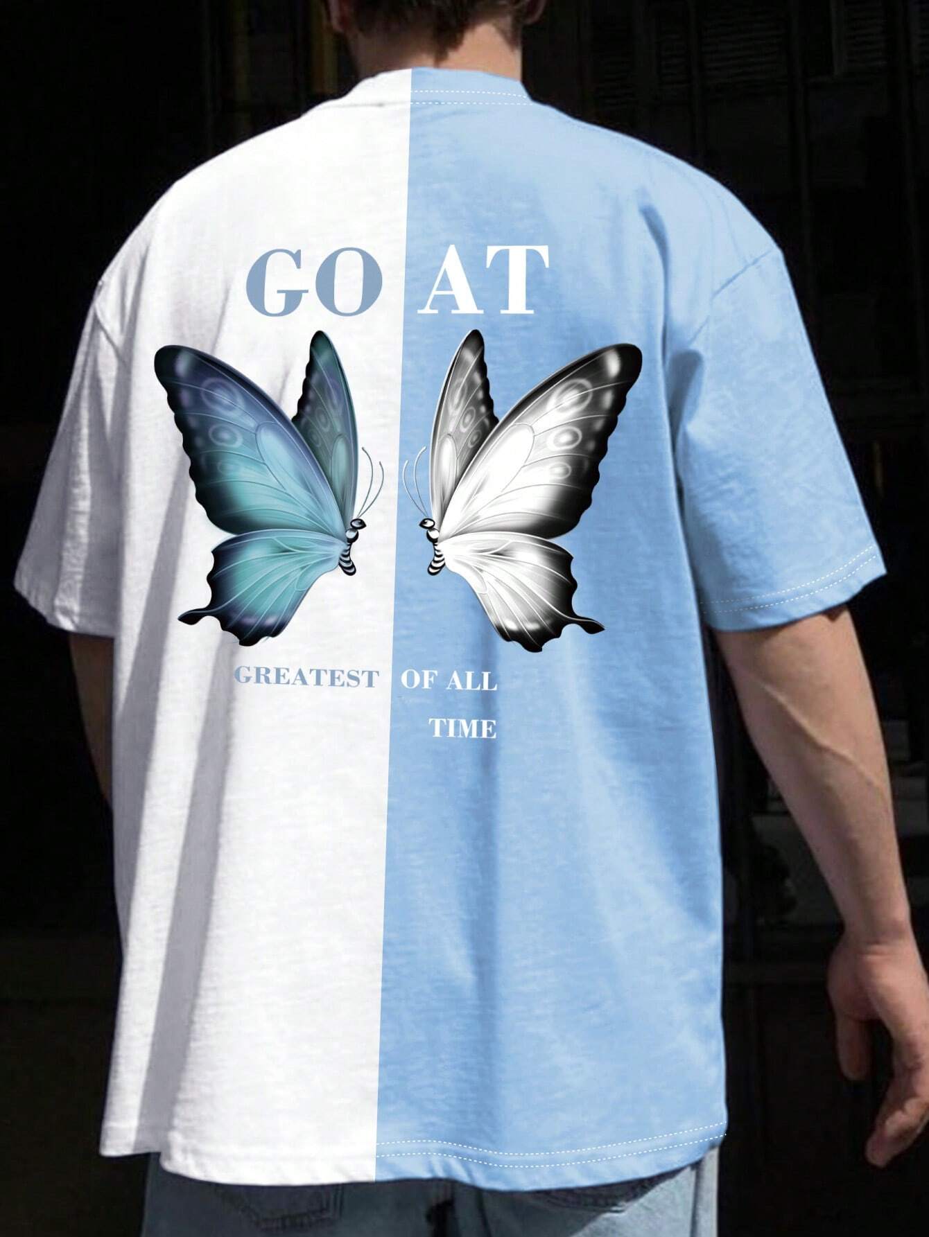 Men Butterfly & Slogan Graphic Two Tone Tee