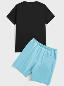 EMRG Men Bear & Letter Graphic Tee & Drawstring Waist Shorts