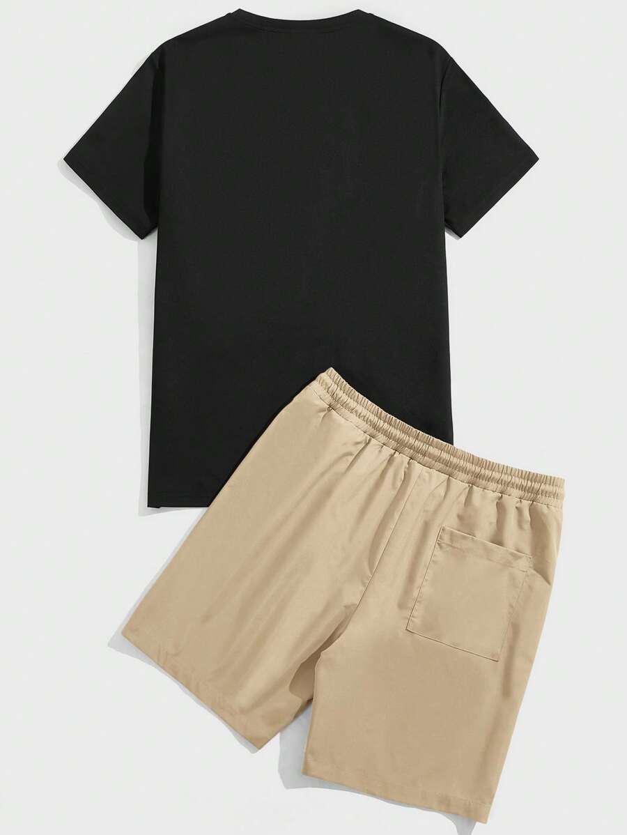 EMRG Men Bear & Letter Graphic Tee & Drawstring Waist Shorts