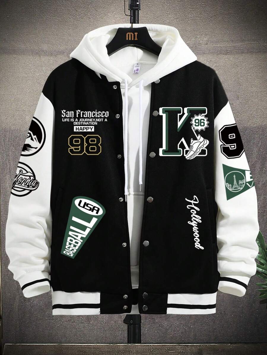 EMRG Men Letter Graphic Two Tone Varsity Jacket