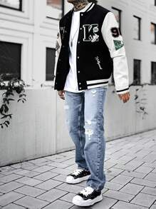 EMRG Men Letter Graphic Two Tone Varsity Jacket