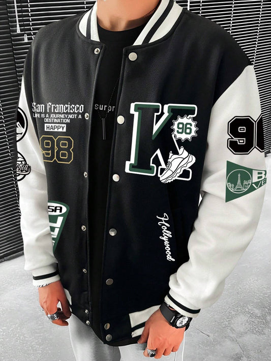 EMRG Men Letter Graphic Two Tone Varsity Jacket