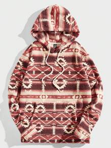 Men Geo Print Drawstring Flannel Hoodie