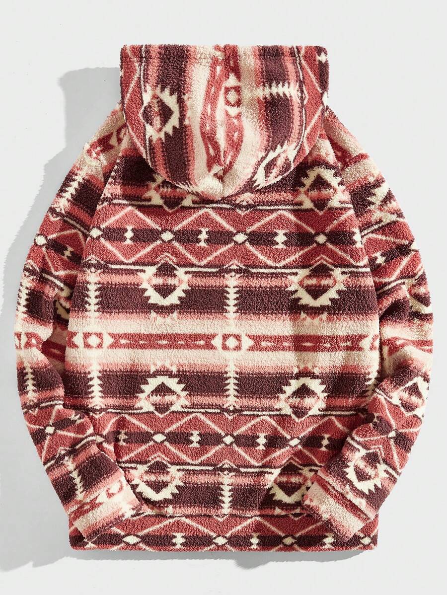 Men Geo Print Drawstring Flannel Hoodie