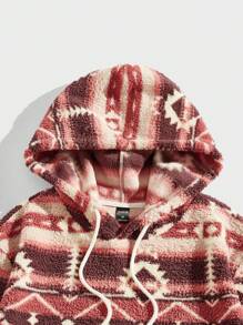 Men Geo Print Drawstring Flannel Hoodie