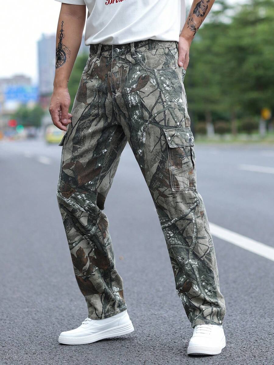 LEGND Men Allover Print Zipper Fly Cargo Jeans