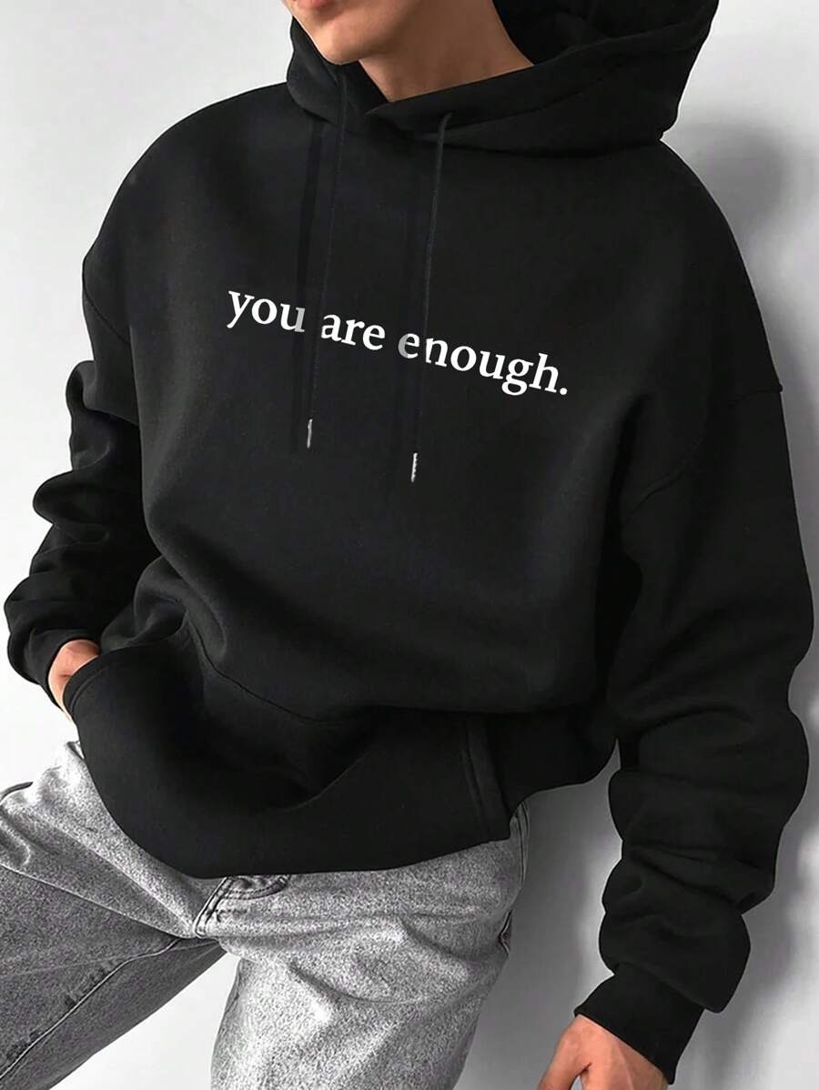 Hypemode Men Slogan Graphic Drop Shoulder Drawstring Hoodie