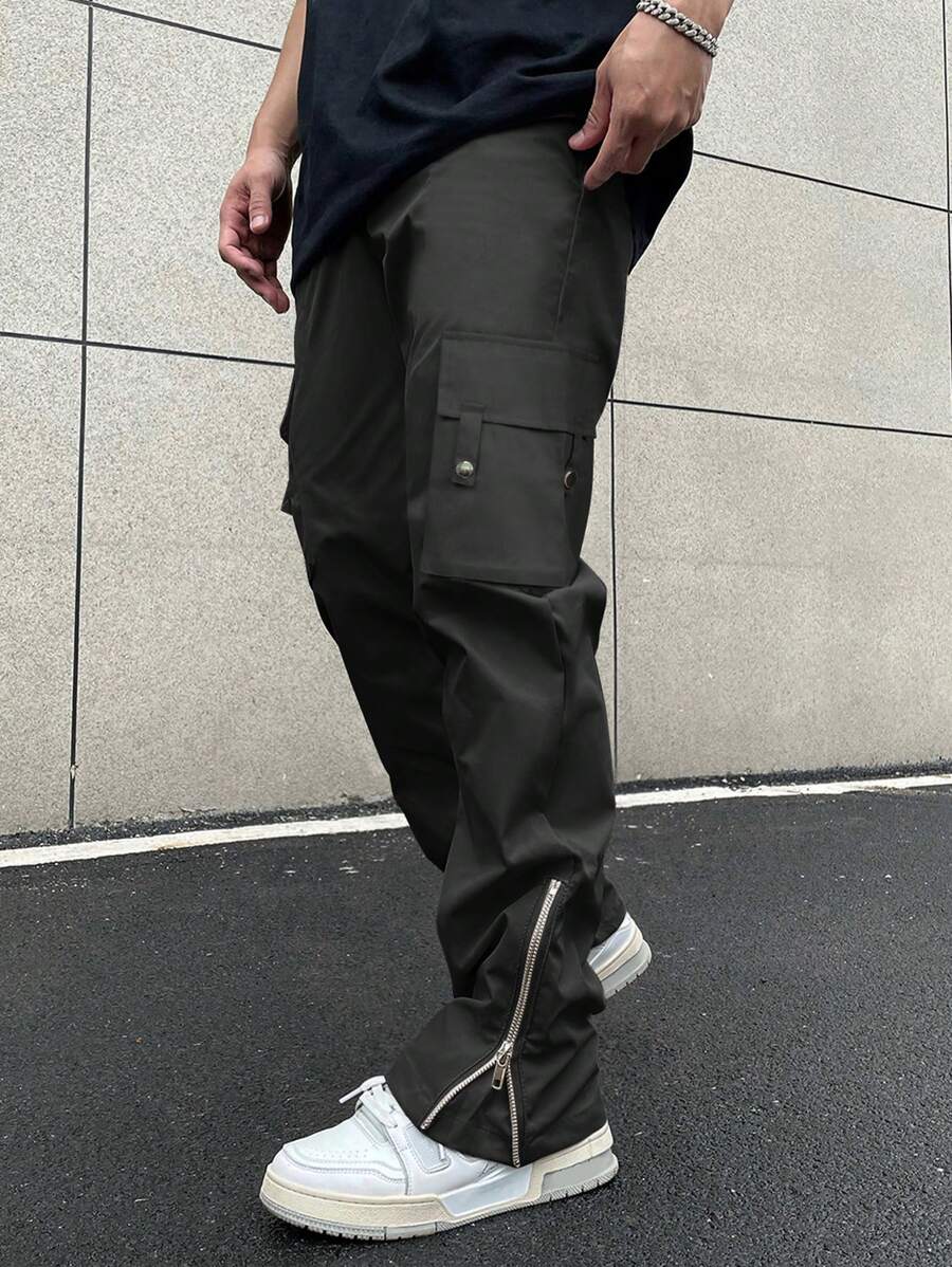 Homme Men Flap Pocket Side Zipper Cargo Pants